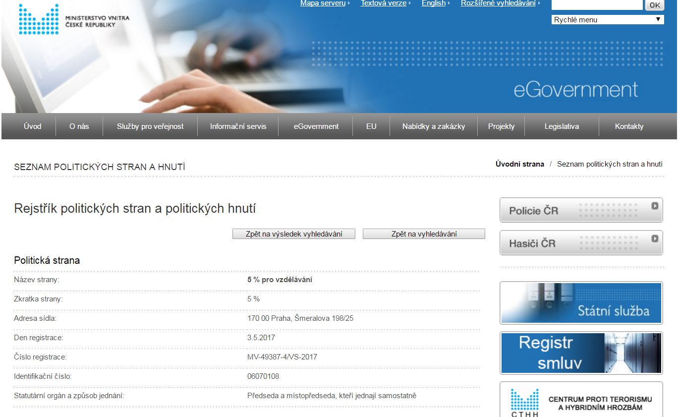 Strana je úspěšně zaregistrovaná