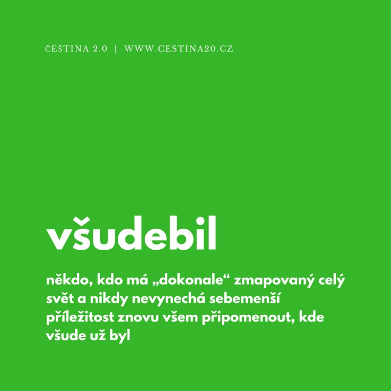 Všudebil: někdo, kdo má "dokonale" zmapovaný celý svět a nikdy nevynechá sebemenší příležitost znovu všem připomenout, kde všude už byl