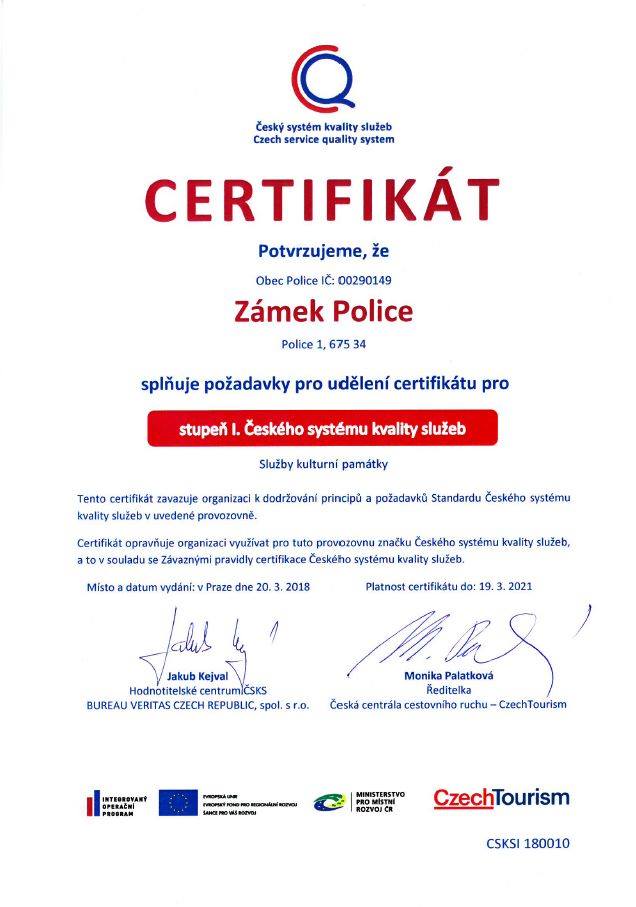 Zámku v Polici patří obnovený certifikát I. stupně ČSKS