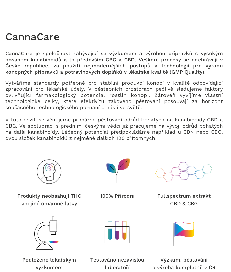 CannaCare je společnost zabývající se výzkumem a výrobou přípravků s vysokým obsahem kanabinoidů a to především CBG a CBD. Veškeré procesy se odehrávají v České republice, za použití nejmodernějších postupů a technologií pro výrobu konopných přípravků a potravinových doplňků v lékařské kvalitě (GMP Quality).