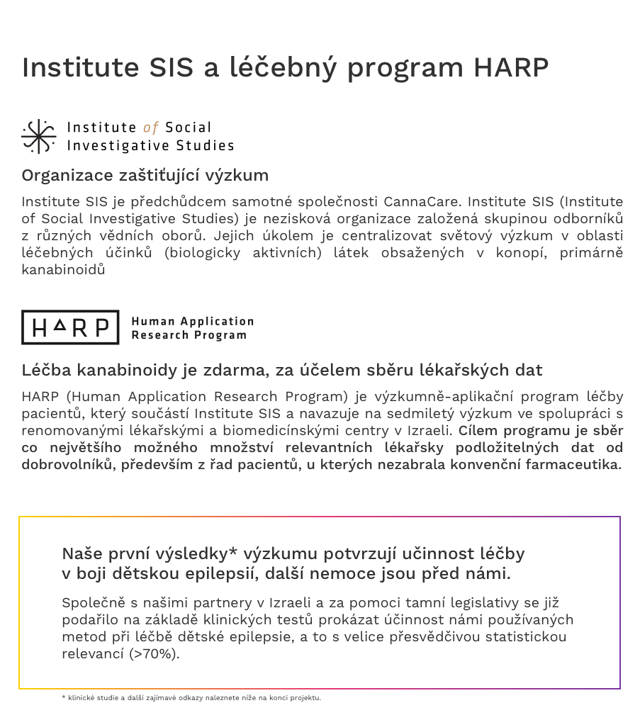 HARP (Human Application Research Program) je výzkumně-aplikační program léčby pacientů, který součástí Institute SIS a navazuje na sedmiletý výzkum ve spolupráci s renomovanými lékařskými a biomedicínskými centry v Izraeli. Cílem programu je sběr co největšího možného množství relevantních lékařsky podložitelných dat od dobrovolníků, především z řad pacientů, u kterých nezabrala konvenční farmaceutika. 