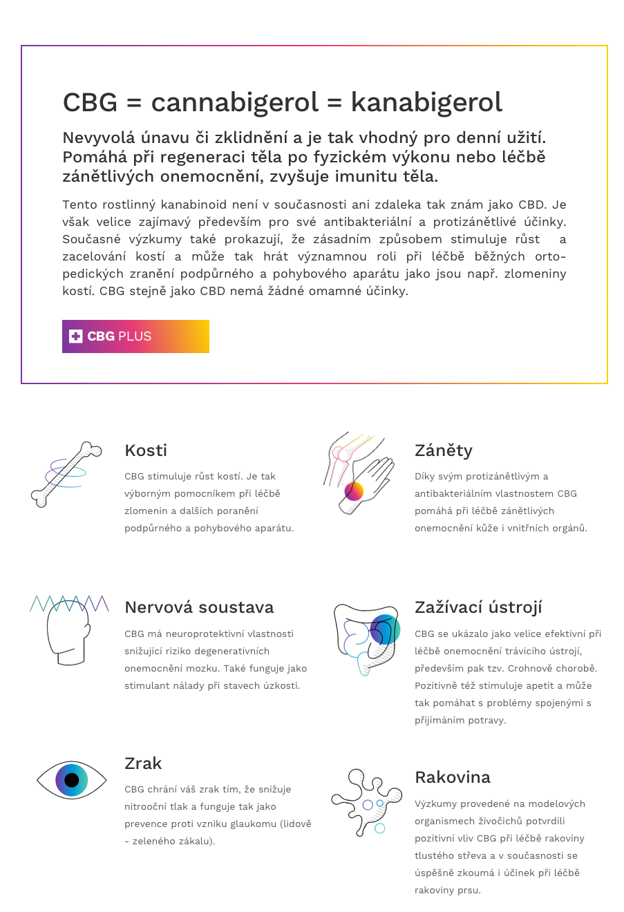 CBG = cannabigerol = kanabigerol , CBG se ukázalo jako velice efektivní při léčbě onemocnění trávicího ústrojí, především pak tzv. Crohnově chorobě. Pozitivně též stimuluje apetit a může tak pomáhat s problémy spojenými s přijímáním potravy.  Výzkumy provedené na modelových organismech živočichů potvrdili pozitivní vliv CBG při léčbě rakoviny tlustého střeva a v současnosti se úspěšně zkoumá i účinek při léčbě rakoviny prsu.
