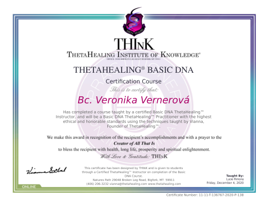 certifikát ze základního kurzu Thetahealing®