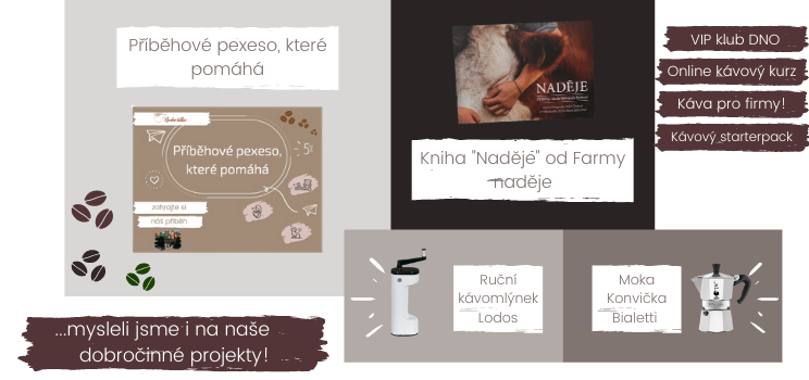 Ruční kávový mlýnek, Příběhové pexeso, Kniha Naděje, VIP klub DNO, Káva pro firmy, Moka konvička Bialetti