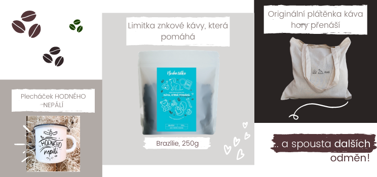 Káva, která pomáhá, plecháček hodného nepálí, plátěnná taška Káva hory přenáší