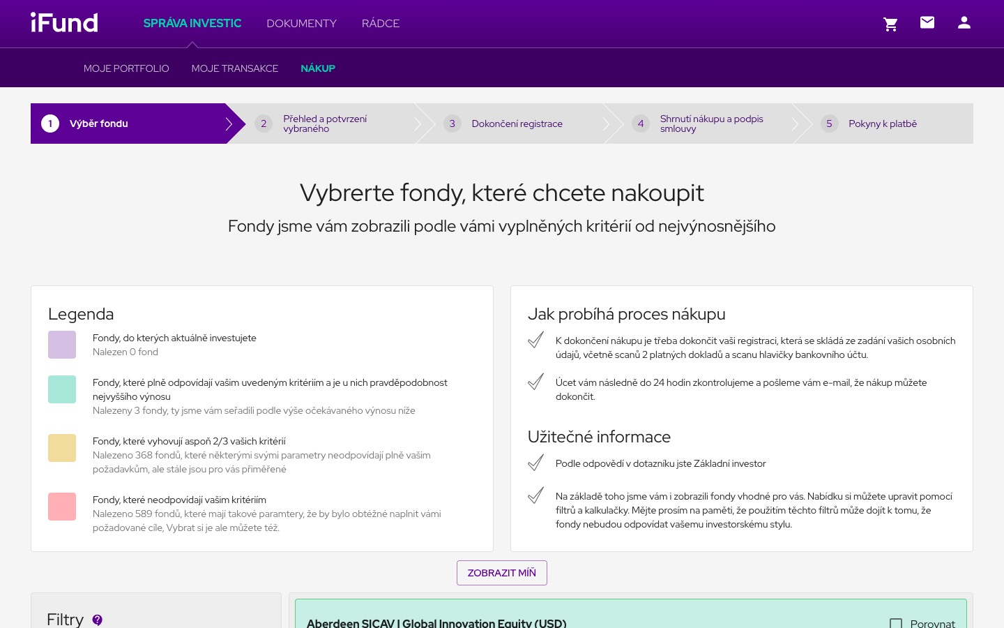 Přehledný výběr fondu se všemi potřebnými informacemi
